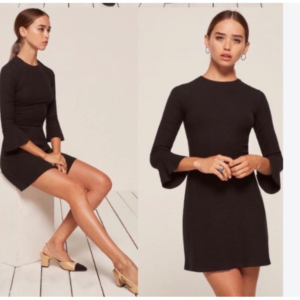 Reformation Anise Dress XS Black Ribbed Mini Bell Sleeve Fit Flare